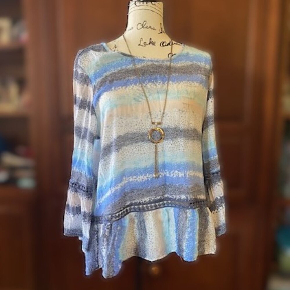 Zac and Rachel long Sleeve Blue/White Top Blouse Sz Large